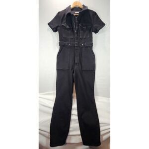 Good American Jumpsuit Women's Size 2 Black Denim Zip Short Sleeve Work Stretch